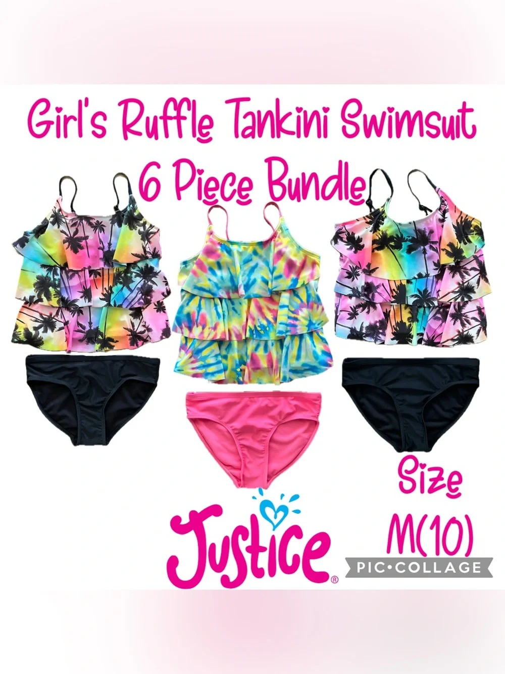Walmart Justice Girls Tankini Swimsuit 6 Piece Bundle Size M(10)